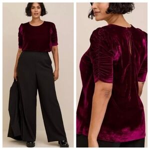 Torrid Sz 3X Plum Purple Velvet Ruched Caterpillar Short Sleeve Blouse Girl Boss